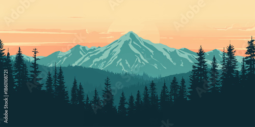 A breathtaking winter mountain landscape featuring snow-capped peaks and an icy glacier reflecting the sunset sky over a forest in the Alaskan wilderness