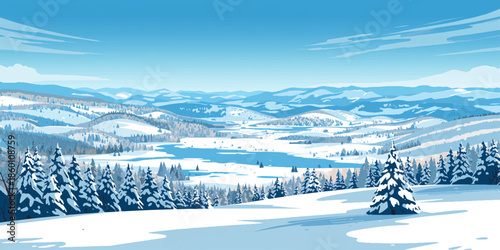 A beautiful winter landscape features frozen fir trees and snowy mountains under a clear blue sky, creating a white frost-covered nature scene in the cold forest