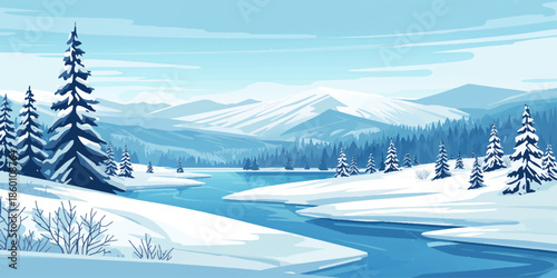 A serene winter mountain landscape features frost-covered fir trees and a snowy forest under a bright blue sky, capturing the cold beauty of nature in a frozen, sun-drenched scenery