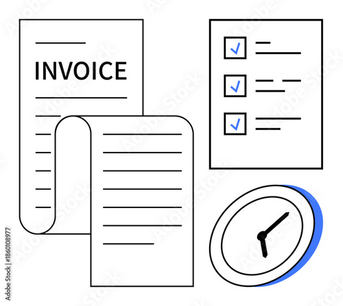 Time management, financial organization, business productivity, task planning, billing processes, paperwork. Invoice, checklist clock. Time management and financial organization concept