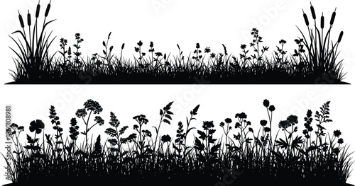 Set of two black silhouette meadow grass borders with wild flowers reeds and herbs, nature field background, cad drawing flat vector illustration