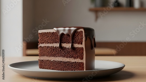 Professional Chocolate Layer Cake Slice with Thick Ganache Drip on Gray Plate with Blurred Bakery Interior