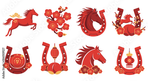Vibrant red and gold Chinese New Year illustrations featuring auspicious horses, traditional lanterns, lucky horseshoes, and beautiful plum blossoms, perfect for festive seasonal designs and