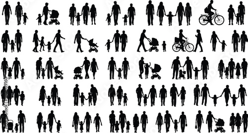 Big set of family silhouettes walking with children pushing strollers and riding bikes, parents holding hands, cad drawing flat vector illustration