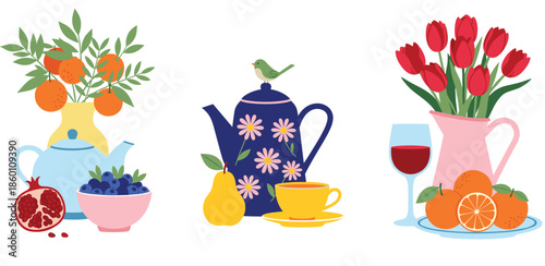 Elegant still life collection featuring teapots red tulips in a pitcher oranges blueberries and a pear for kitchen decor and greeting cards.