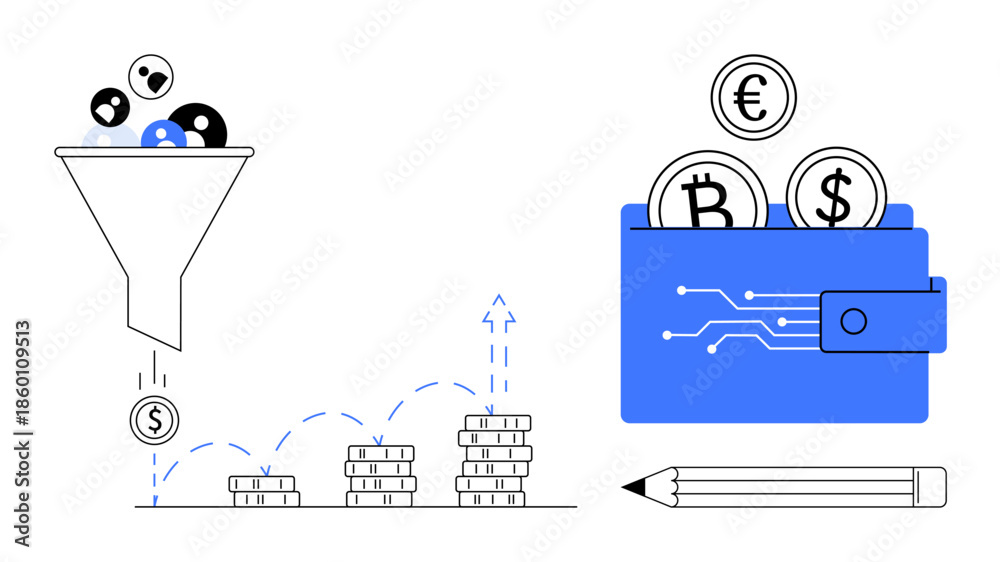 Obraz premium Financial services, investment growth, cryptocurrency, digital wallets, business analytics, currency savings. Funnel filtering leads into coins, digital wallet with currency icons. Investment growth