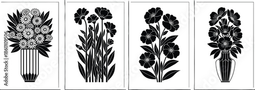 Set of four black floral silhouettes in frames with flowers in vases and garden plants, botanical wall art panels, cad drawing flat vector illustration