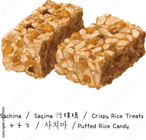 Sachima crispy rice treats Saqima with beans sesame seeds isolated Asian snack white background