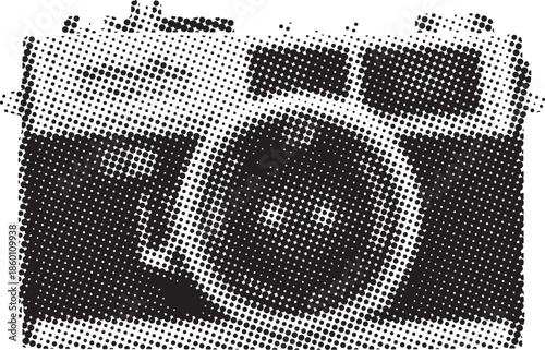 Vintage rangefinder camera illustration presented in a stark black and white halftone dot pattern graphic style
