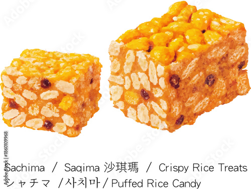 Sachima traditional Asian sweet snack crispy rice treats raisins white background Crispy Rice Treats