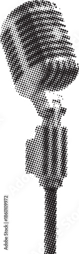 Vintage silver broadcasting microphone mounted on a stand depicted in a stylized black and white halftone graphic