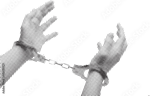 Stylized illustration depicting a pair of human hands restrained and connected by metal handcuffs against a white background