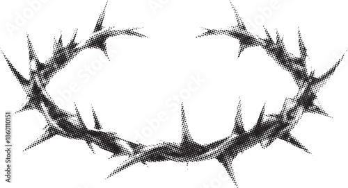 Isolated black and white drawing depicts a very sharp crown of thorns symbolizing religious suffering and sacrifice.