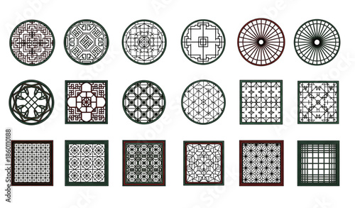 Oriental window and door frame vector illustration with traditional Asian geometric lattice designs isolated on white background