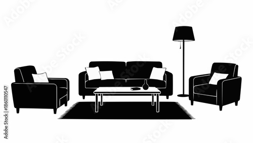 Modern Living Room Furniture Silhouette with Sofa Armchairs and Coffee Table.