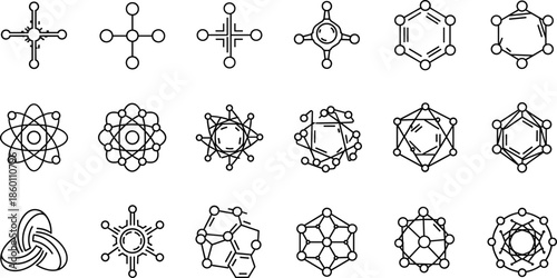 Scientific molecular line icons collection featuring atom structures chemical bonds and geometric laboratory symbols for physics biology research and tech innovation vector design.