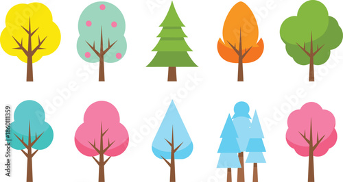 Colorful flat style trees collection featuring vibrant yellow pink blue and orange forest trees for seasonal landscape environment and nature vector design.