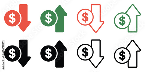 Cost Increase and Decrease Icon Set illustrating profit and loss signs, dollar rising and falling icons, investment and savings symbols for business, finance, and vector design.