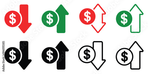 Cost Increase and Decrease Icon Set illustrating profit and loss signs, dollar rising and falling icons, investment and savings symbols for business, finance, and vector design.