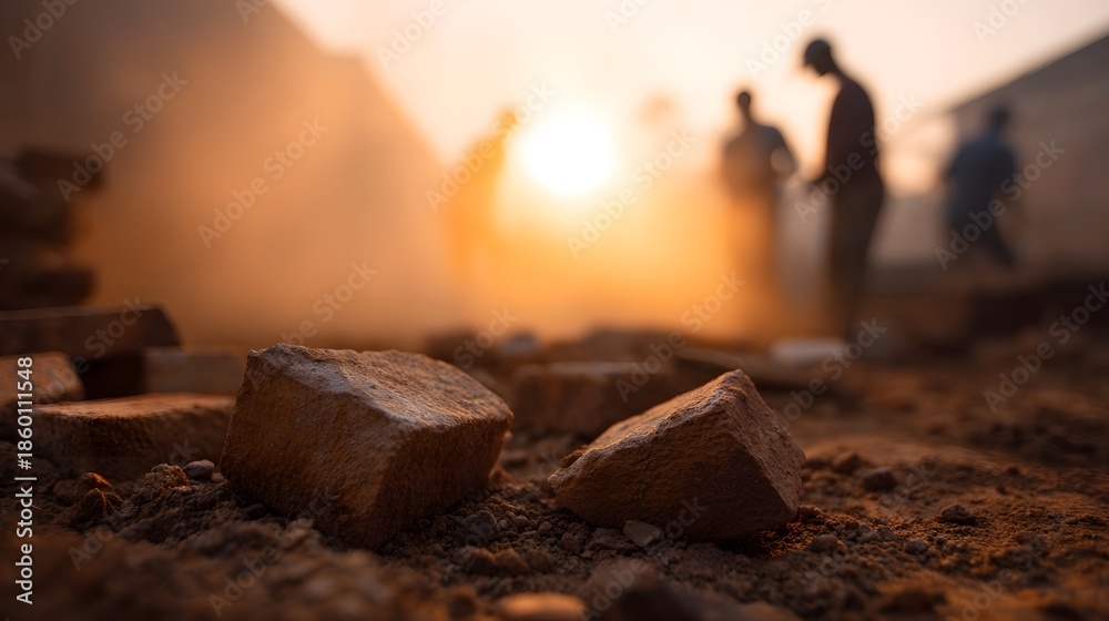 Fototapeta premium Golden sunset hues illuminate a dusty construction site featuring scattered rough bricks in the foreground and silhouetted workers toiling