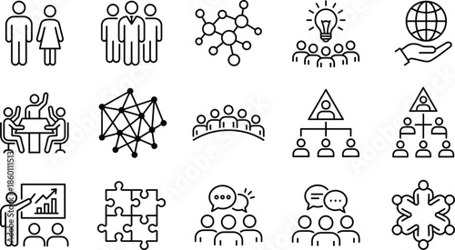 Business teamwork line icon set featuring corporate people, leadership hierarchy, global collaboration, meeting discussion, brainstorming ideas, networking, and community building symbols.