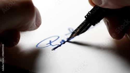 Close-up of hands signing a document with a fountain pen on white paper