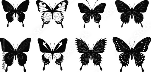 Black butterfly silhouettes collection featuring various wing patterns and species for nature decoration elegant spring wedding invitations and garden theme vector design.
