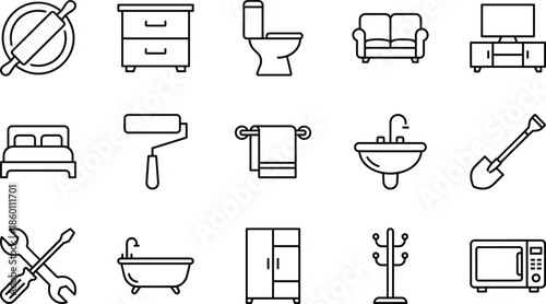 Home interior and furniture line icon set featuring sofa, bed, bathtub, toilet, microwave, tools, kitchenware, wardrobe, and home improvement symbols.