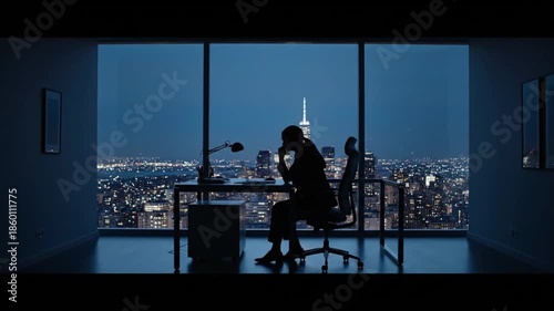 Silhouette of a businessman sitting at a desk in a modern office with a cityscape view at dusk.