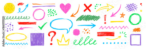 Arrow, circle, underline crayon line chalk textures hand drawn doodle color set. Hand drawn pastel color texture arrow, dot, star elements. Highlight, circle frame brush set. Vector illustration