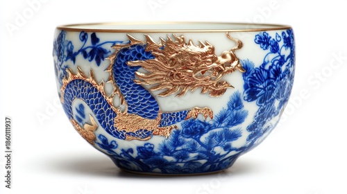 Traditional Chinese porcelain tea cup with golden dragon and blue floral motif on white ceramic background
