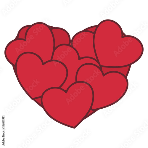 Composite red heart shape made from multiple overlapping heart icons