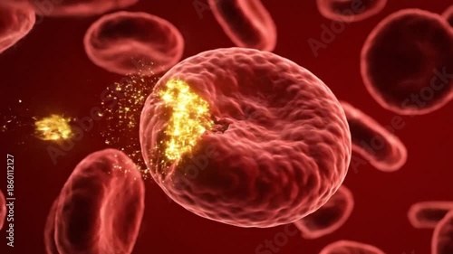 Close-up 3D rendering of a red blood cell bursting apart with glowing particles against a dark red background with other blood cells.