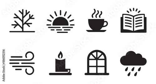 Winter cozy lifestyle icons including bare tree sun mug book wind candle window and rain cloud weather symbols set