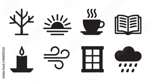 Set of eight black and white icons representing winter elements including bare tree, sunrise, hot drink, and book