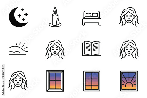 Sleep and relaxation line icons set featuring moon candle bed reading person and windows at sunset for wellness app