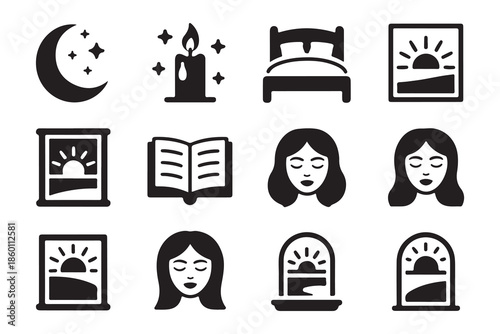 Set of bold filled icons for a restful night cycle including moon, candle, bed, reading, sleeping woman, and window views