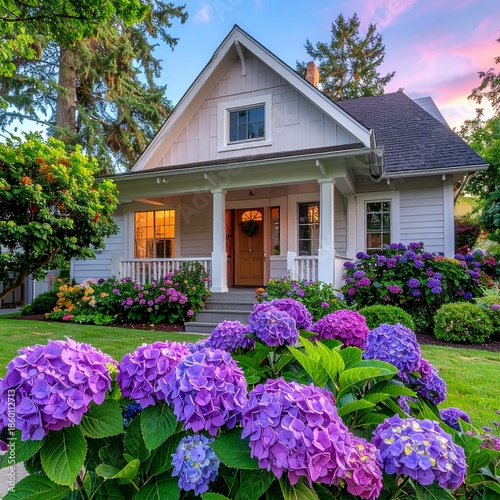 Charming Cottage with Vibrant Hydrangeas in Bloom