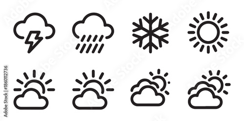 Weather forecast line icons set with storm rain snow sun and cloudy sky conditions for mobile application interface