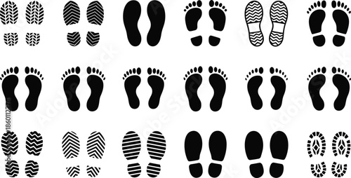 Assortment of Black Footprint and Shoe Print Icons on White Background sole boot print