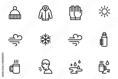 Set of winter season icons with clothing, weather conditions, hot beverages, and cold symptoms