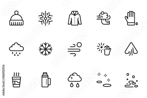 Winter collection of warm clothing and weather icons for cold season, cozy elements for outdoor activities and indoor comfort