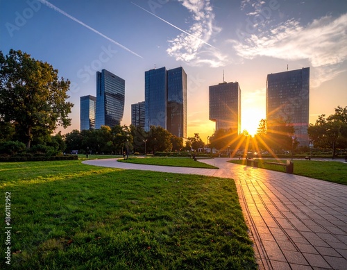 City Skyline at Sunset with Green Park and Paved Path