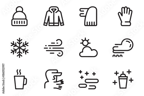 Collection of winter icons and weather symbols for cold season including clothing, hot drinks, and outdoor elements, concept