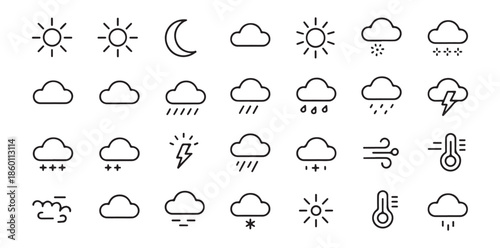 Extensive collection of twenty eight linear weather forecast icons illustrating various atmospheric conditions like sun cloud rain snow wind and temperature