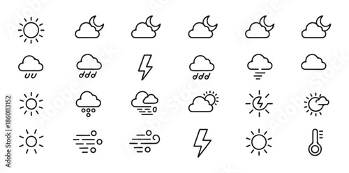Set of various thin line simple weather icons for application interface design and forecast symbols