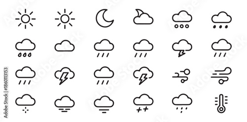 Large collection of twenty eight linear icons representing various weather conditions including sun moon clouds rain storms and temperature readings