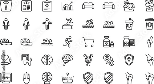 Collection of health and fitness icons including scales, brains, hearts, and sports equipment Keywords: health, fitness, icons
