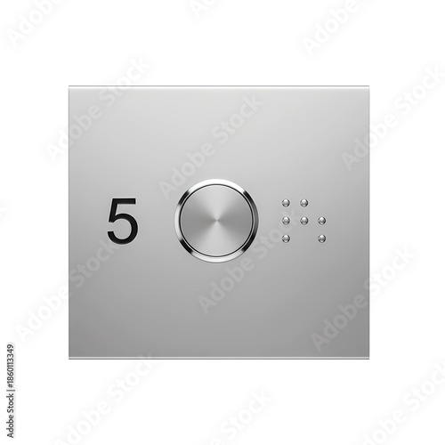 Modern Stainless Steel Elevator Button with Braille Number Five and Tactile Dots for Accessibility, metal switch on white background