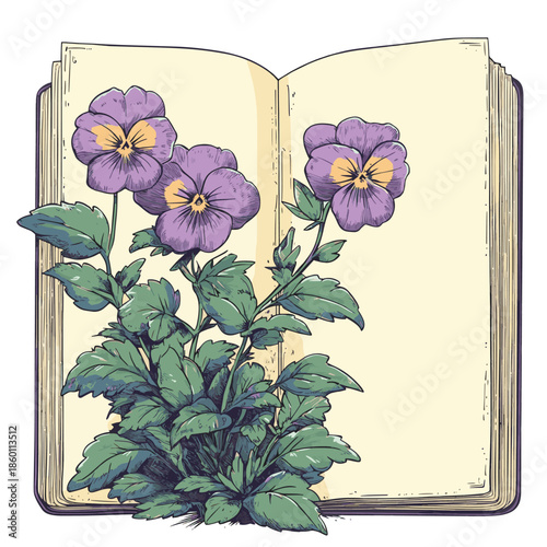 Open journal with pansy flower drawing on blank pages , vector style simple color